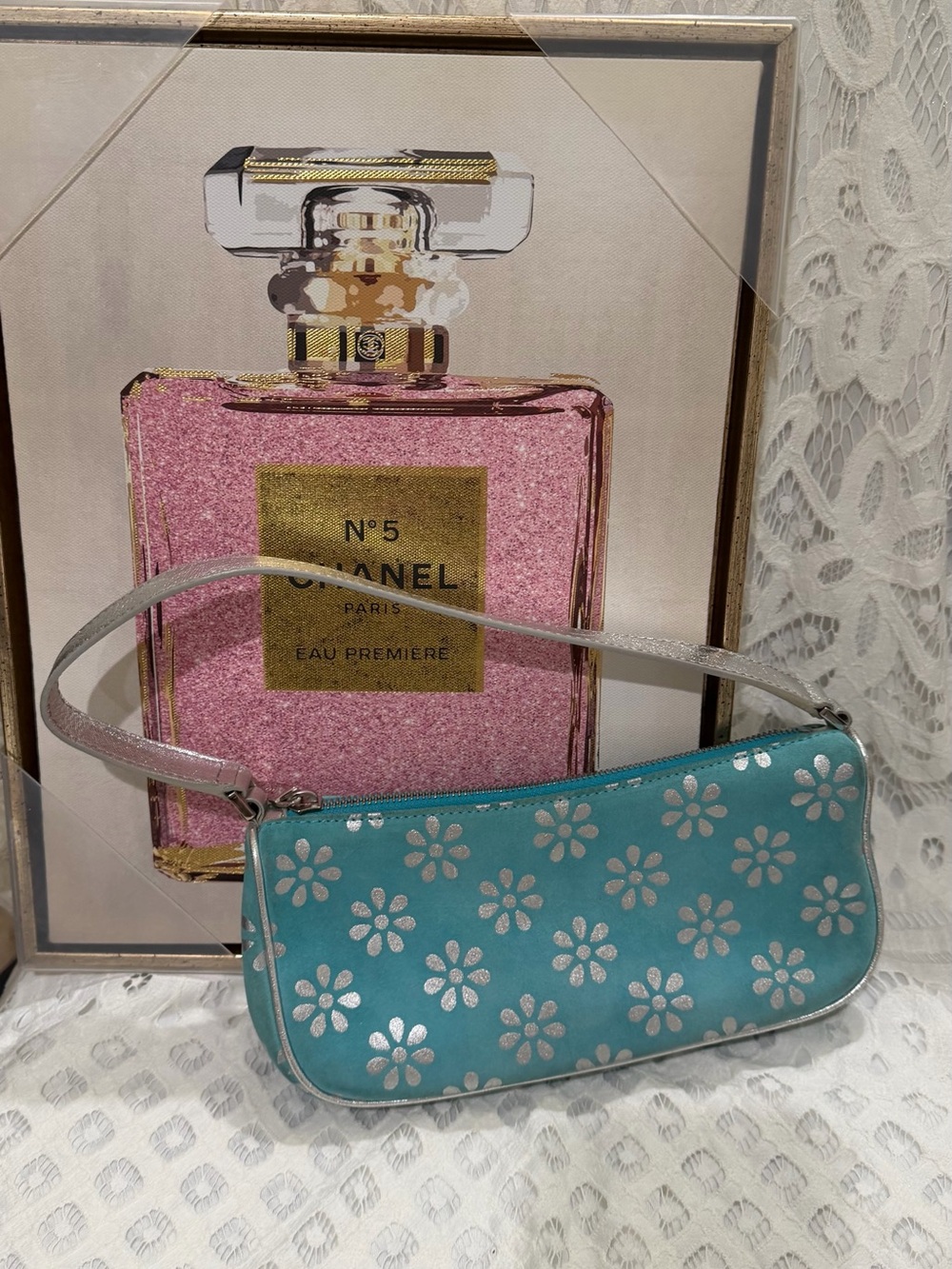 Rare💥 Celine 💎Teal Floral Wristlet Clutch with Silver Accents